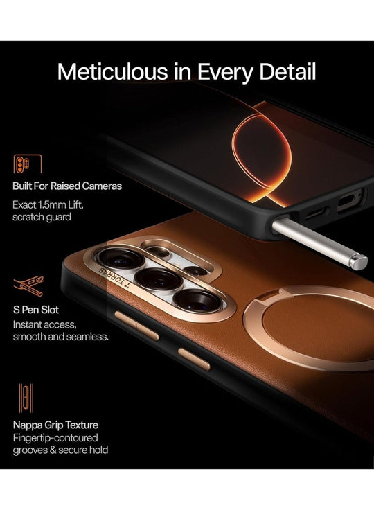 TORRAS Ostand VegSkin Vegan Leather Case for Samsung Galaxy S26 Ultra - Amber Brown
