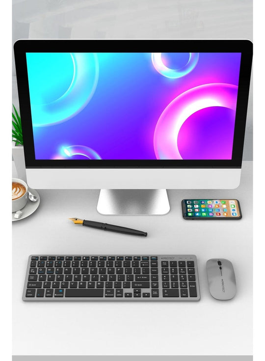 Protect Rechargeable Wireless Bluetooth Keyboard & Mouse Combo, Slim Silent Full Size Multi-Device Set, HTKB333