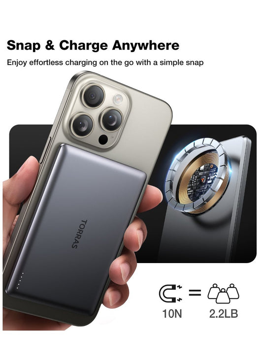 TORRAS MiniMag 5000mAh Magnetic Wireless Power Bank - Grey