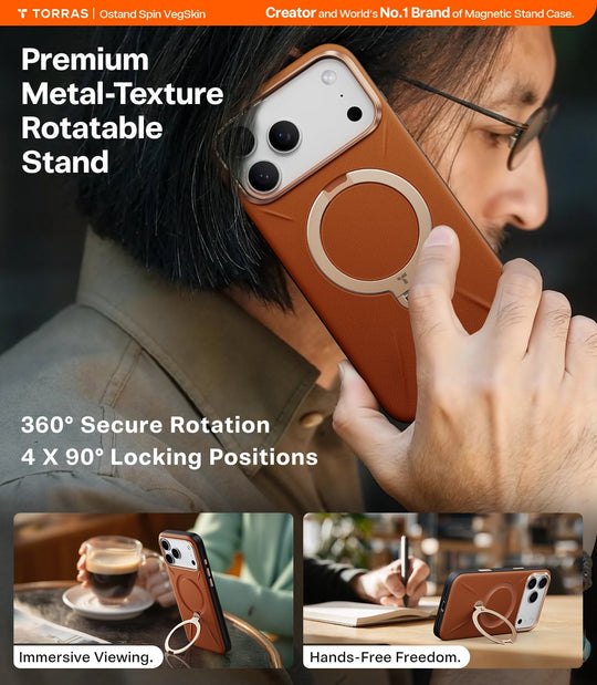 TORRAS Ostand Spin VegSkin Vegan Leather Case for iPhone 17 Pro - Amber Brown