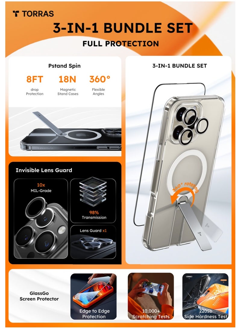 TORRAS Pstand 3-in-1 Case, Screen Protector & Lens Protector Bundle for iPhone 16 Pro - Clear