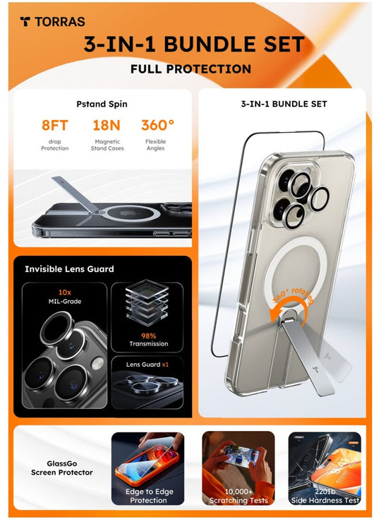TORRAS Pstand 3-in-1 Case, Screen Protector & Lens Protector Bundle for iPhone 16 Pro - Clear