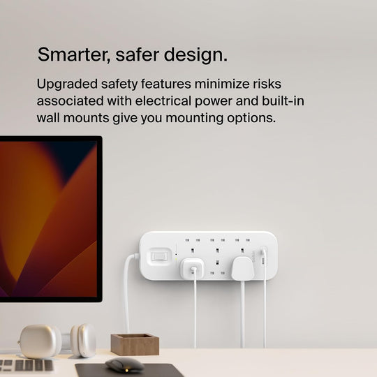 Belkin 6-Outlet Surge Protector Power Strip, Wall-Mountable with 6 AC Outlets, 2M Power Cord, USB-C Port & USB-A Port, White