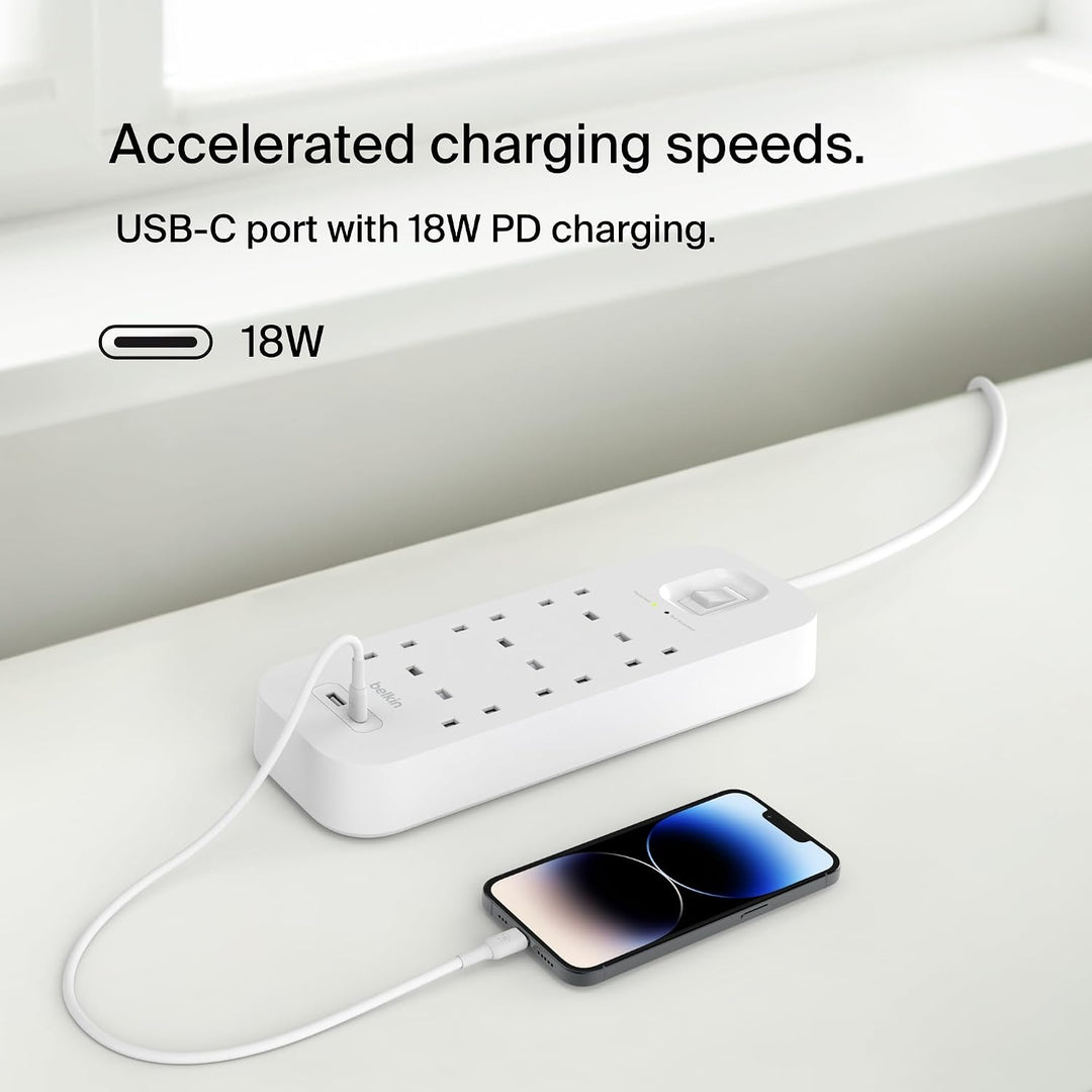 Belkin 6-Outlet Surge Protector Power Strip, Wall-Mountable with 6 AC Outlets, 2M Power Cord, USB-C Port & USB-A Port, White
