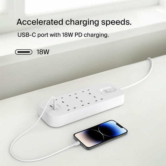 Belkin 6-Outlet Surge Protector Power Strip, Wall-Mountable with 6 AC Outlets, 2M Power Cord, USB-C Port & USB-A Port, White