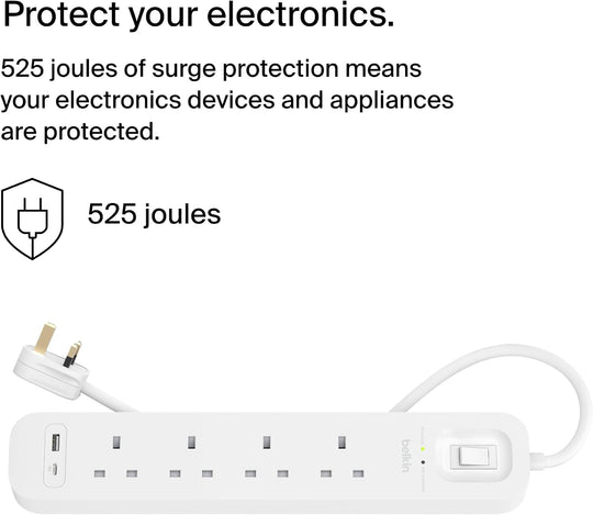Belkin 4-Outlet Surge Protector Power Strip, Wall-Mountable with 4 AC Outlets, 2M Power Cord, USB-C Port & USB-A White