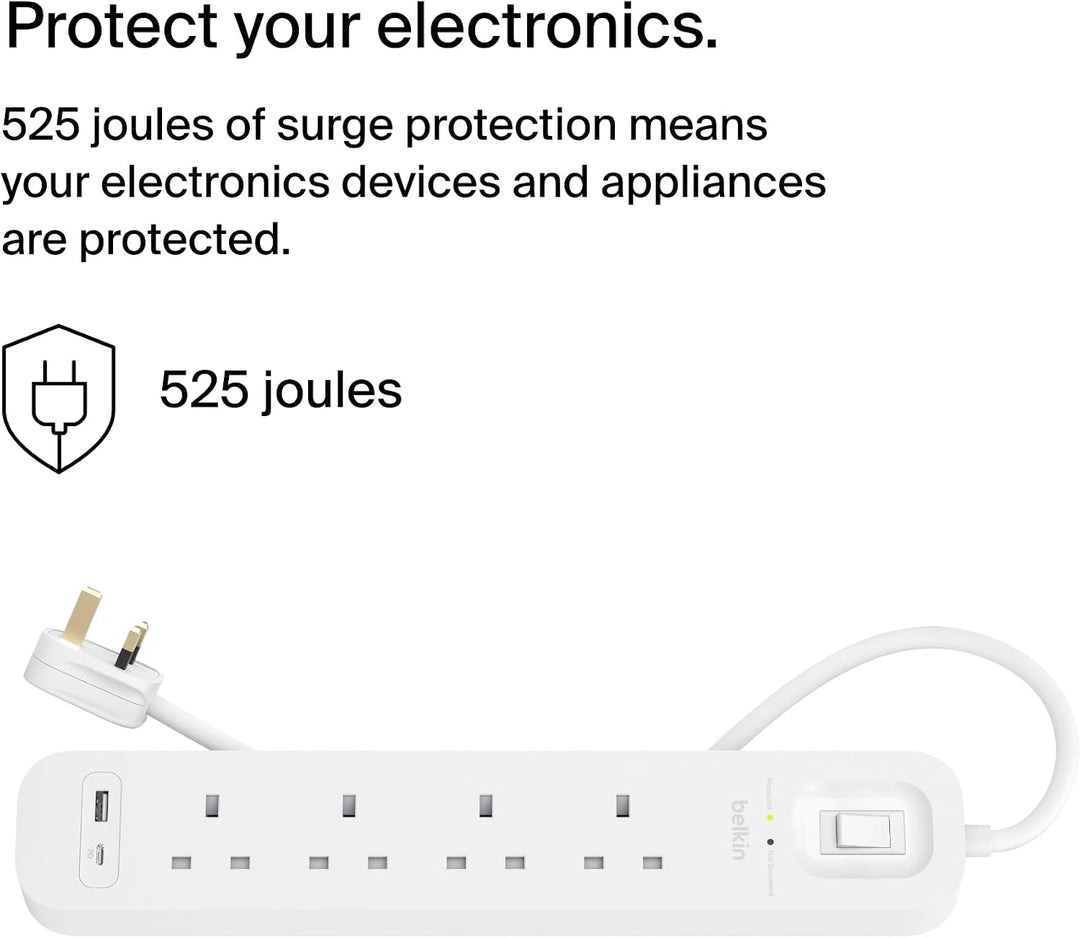 Belkin 4-Outlet Surge Protector Power Strip, Wall-Mountable with 4 AC Outlets, 2M Power Cord, USB-C Port & USB-A White
