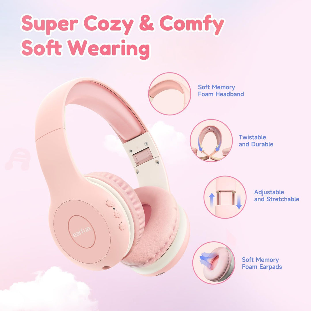 EarFun K2 Kids Bluetooth Headphones, Kids Headphones with Volume Limited, 40H Playtime, Bluetooth 5.0 Headphones with Mic, Stereo Sound, Foldable Over-Ear Headphones for Kids/School/Travel/iPad/Tablet