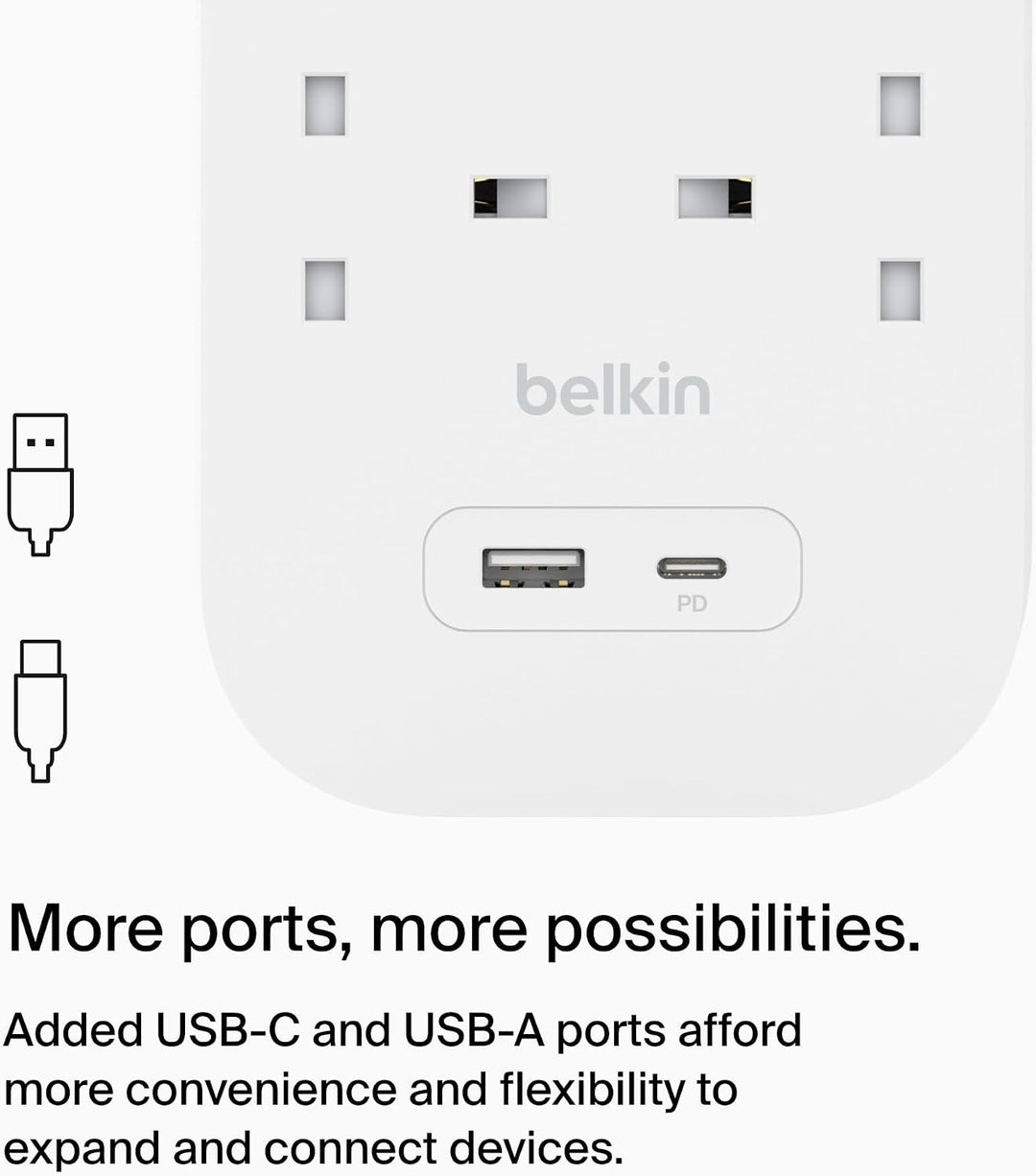 Belkin 6-Outlet Surge Protector Power Strip, Wall-Mountable with 6 AC Outlets, 2M Power Cord, USB-C Port & USB-A Port, White
