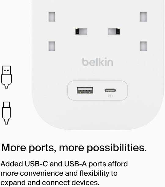 Belkin 6-Outlet Surge Protector Power Strip, Wall-Mountable with 6 AC Outlets, 2M Power Cord, USB-C Port & USB-A Port, White