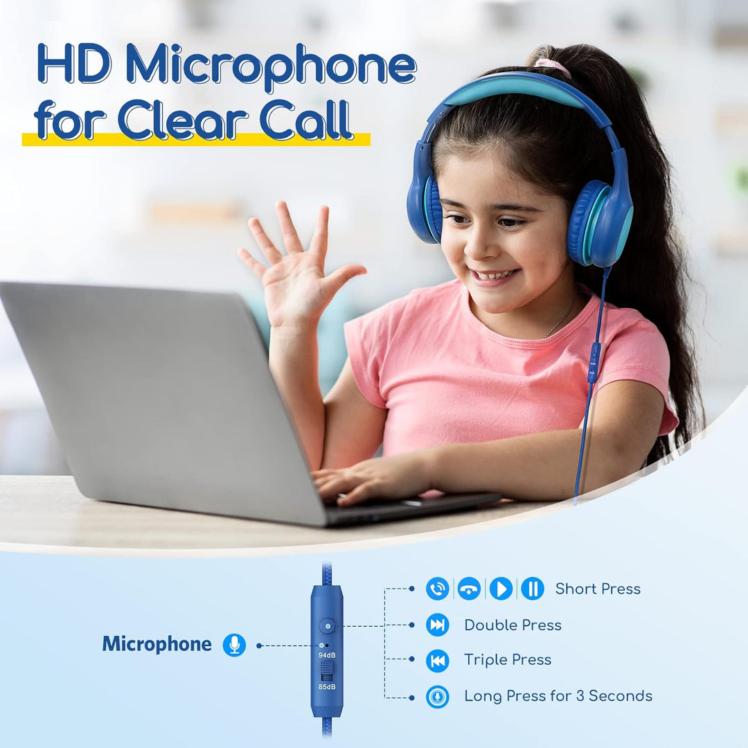 EarFun Kids Headphones with Mic, Wired Headphones Kids 85/94dB Volume Limit, Sharing Function, Stereo Sound Adjustable Headband Children Headphone for School/Travel/Phone/Tablet