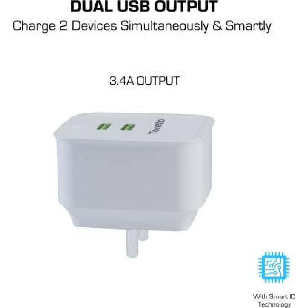 Toreto 3.4 A Multiport Mobile Charger with Detachable Cable White