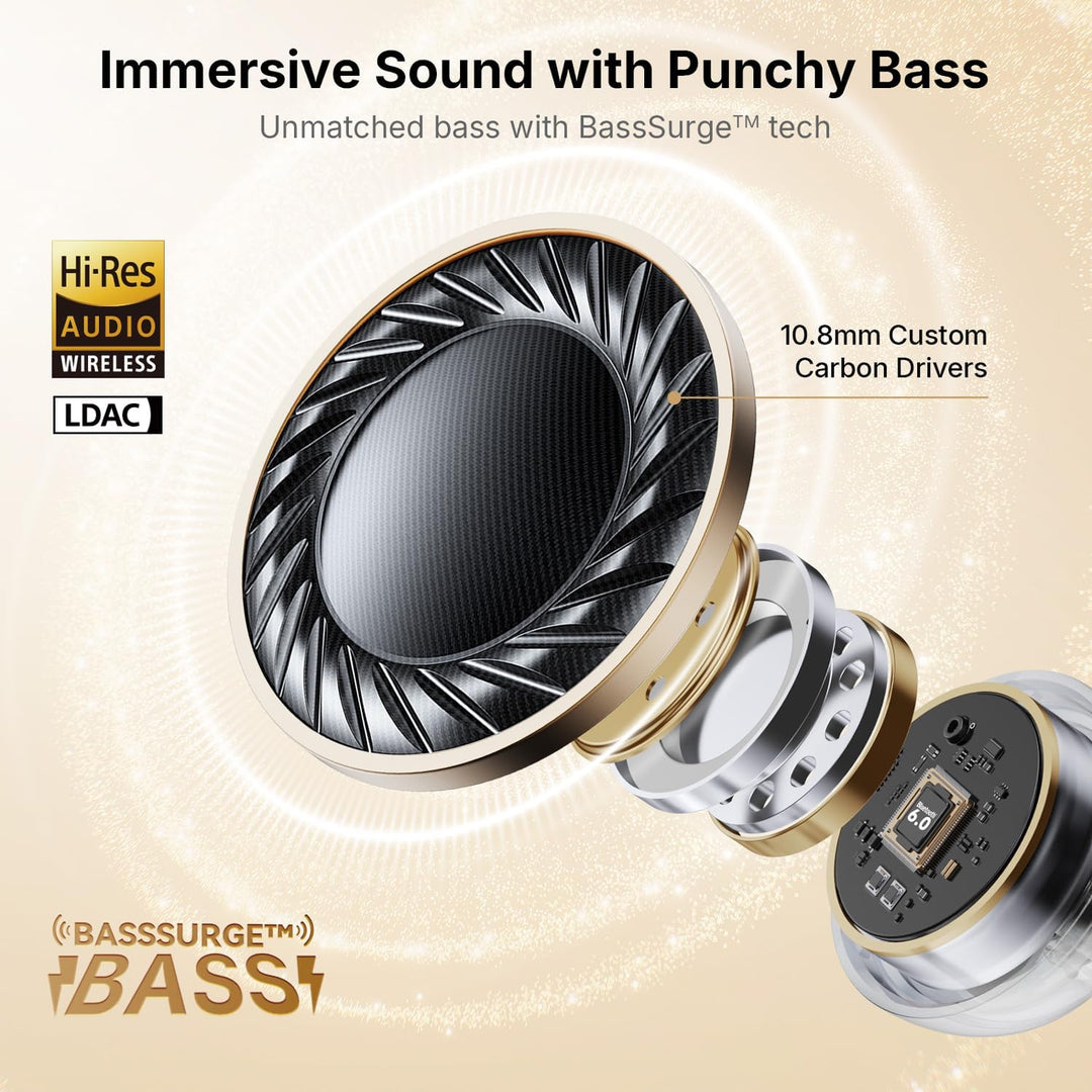 EarFun Wave Pro Active Noise Canceling Headphones, Over Ear Headphones Wireless Headphones, LDAC Hi-Res Sound Bluetooth Headphones, 5 Mics AI Clear Call, 80H Playtime, Multipoint Connection, Custom EQ