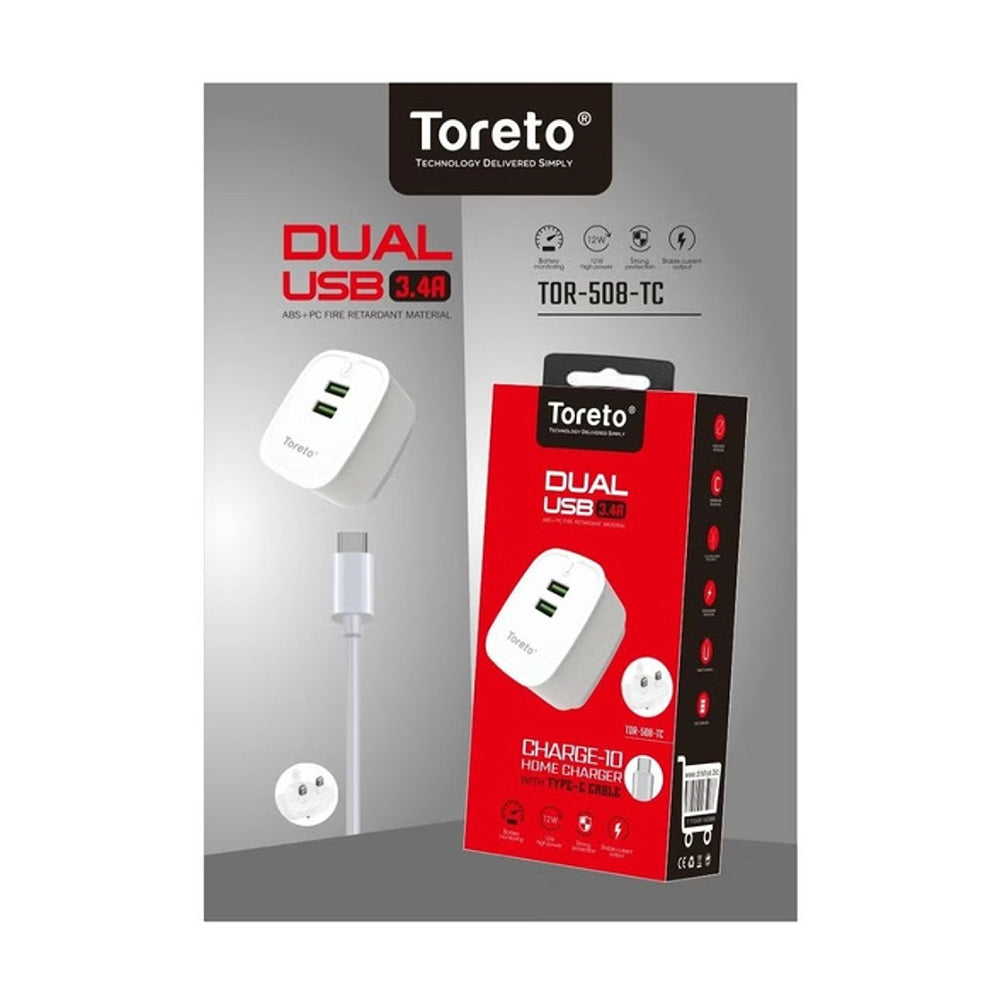 Toreto Wall Charger Dual USB With Type-C Cable White