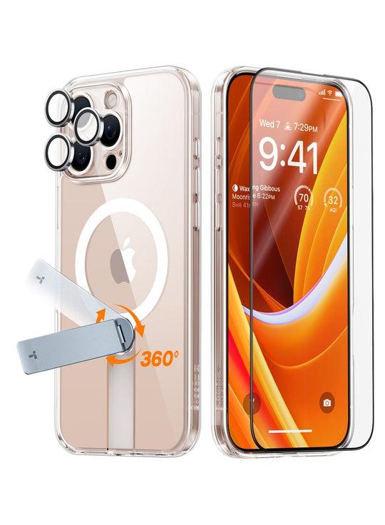 TORRAS Pstand 3-in-1 Case, Screen Protector & Lens Protector Bundle for iPhone 16 Pro Max - Clear
