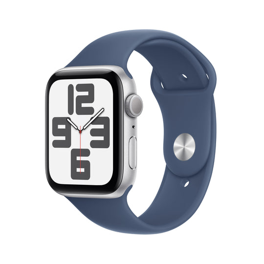 Apple Watch SE GPS 44mm Silver Aluminium Case with Denim Sport Band - S/M, MXEQ3QA/A