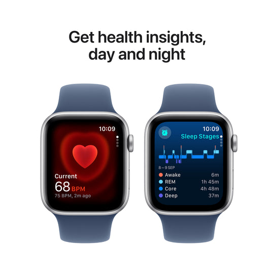 Apple Watch SE GPS 44mm Silver Aluminium Case with Denim Sport Band - S/M, MXEQ3QA/A