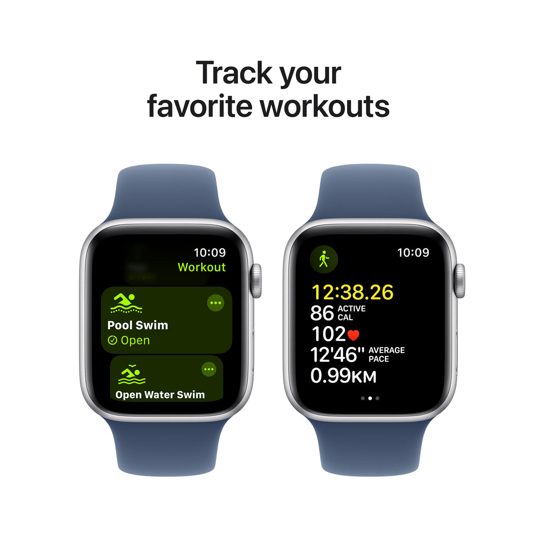 Apple Watch SE GPS 44mm Silver Aluminium Case with Denim Sport Band - S/M, MXEQ3QA/A