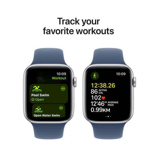 Apple Watch SE GPS 44mm Silver Aluminium Case with Denim Sport Band - S/M, MXEQ3QA/A