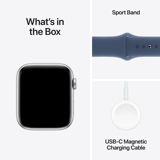 Apple Watch SE GPS 44mm Silver Aluminium Case with Denim Sport Band - S/M, MXEQ3QA/A