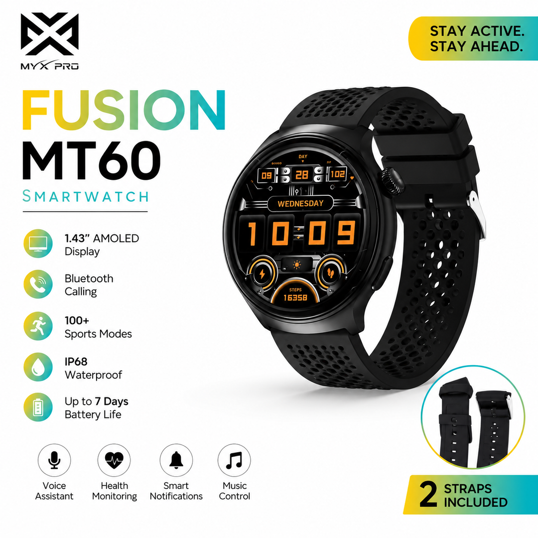 MYX PRO Fusion MT60 IP68 Full Touch Smartwatch, Black
