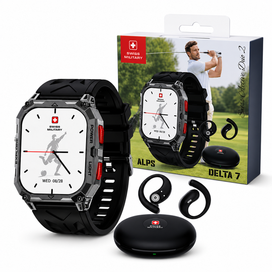 Swiss Military ALPS Delta 7 Smartwatch with Wireless Earbuds & Charging Case – Black/Red