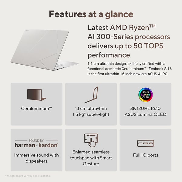 Asus Zenbook S16 OLED (2024) Laptop/AMD Ryzen AI R9-HX370/AMD Radeon 890M Graphics /16inch 3K Win 11 Home with Copilot Key /2TB SSD/32GB RAM - Scandinavian White