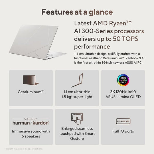 Asus Zenbook S16 OLED (2024) Laptop/AMD Ryzen AI R9-HX370/AMD Radeon 890M Graphics /16inch 3K Win 11 Home with Copilot Key /2TB SSD/32GB RAM - Scandinavian White