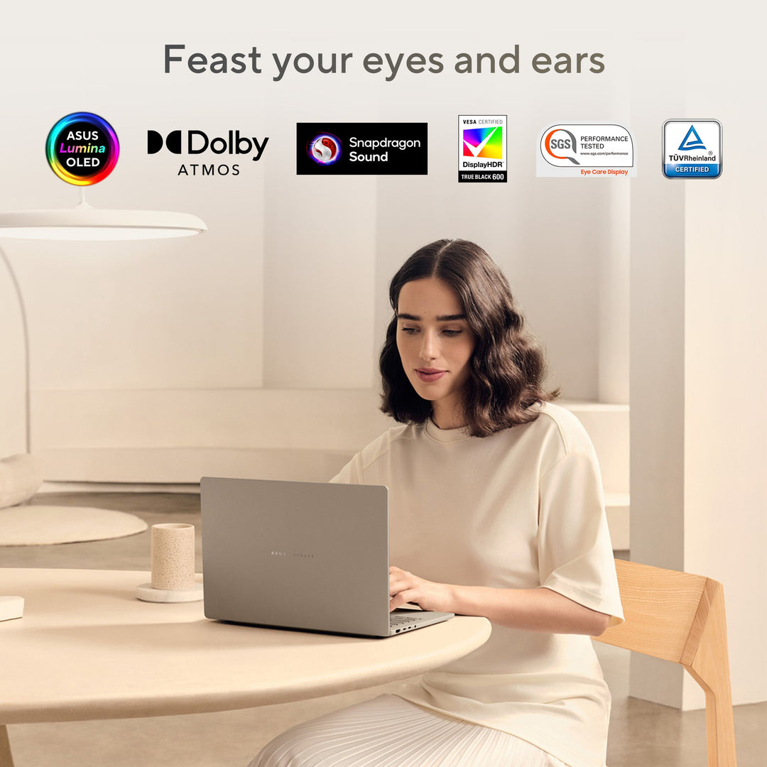 Asus Zenbook A14 Notebook, 12 CORE Hamoa Snapdragon X Elite X1E 78 100, 32GB RAM, 1TB Storage, 14-inch WUXGA (1920 x 1200) OLED 16:10, Qualcomm Hexagon NPU Graphics up to 45TOPS, Win 11 Home, Zabriskie Beige