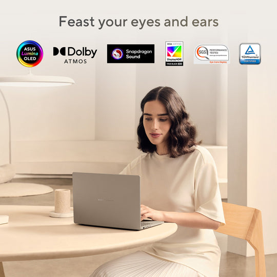 Asus Zenbook A14 Notebook, 12 CORE Hamoa Snapdragon X Elite X1E 78 100, 32GB RAM, 1TB Storage, 14-inch WUXGA (1920 x 1200) OLED 16:10, Qualcomm Hexagon NPU Graphics up to 45TOPS, Win 11 Home, Zabriskie Beige
