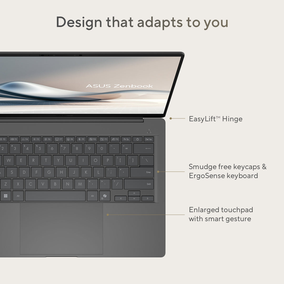 Asus Zenbook A14 Notebook, 12 CORE Hamoa Snapdragon X Elite X1E 78 100, 32GB RAM, 1TB Storage, 14-inch WUXGA (1920 x 1200) OLED 16:10, Qualcomm Hexagon NPU Graphics up to 45TOPS, Win 11 Home, Zabriskie Beige