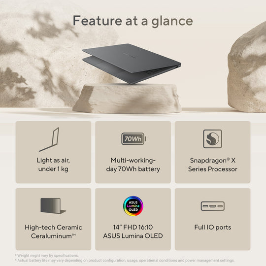 Asus Zenbook A14 Notebook, 12 CORE Hamoa Snapdragon X Elite X1E 78 100, 32GB RAM, 1TB Storage, 14-inch WUXGA (1920 x 1200) OLED 16:10, Qualcomm Hexagon NPU Graphics up to 45TOPS, Win 11 Home, Zabriskie Beige
