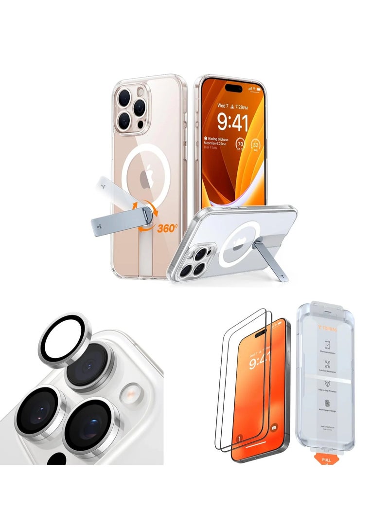 TORRAS Pstand 3-in-1 Case, Screen Protector & Lens Protector Bundle for iPhone 16 Pro - Clear