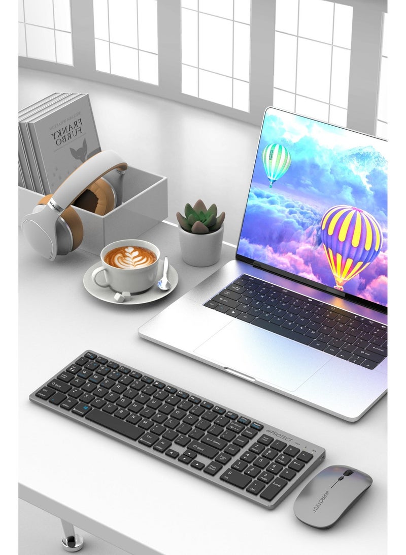 Protect Rechargeable Wireless Bluetooth Keyboard & Mouse Combo, Slim Silent Full Size Multi-Device Set, HTKB333