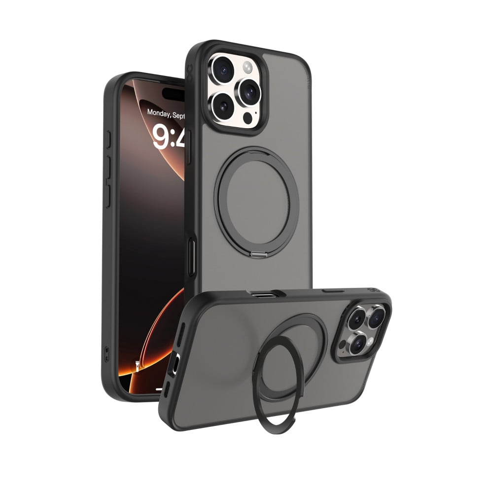 Infinyty Pristine Transparent Case with Metal Edges, Ring with Rotatable Stand for iPhone 16 Pro Max, Black