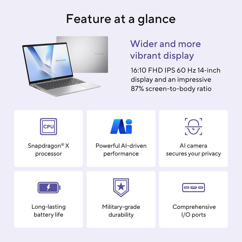 Asus Vivobook 14 Copilot+ PC Snapdragon X X1 26 100, 16GB RAM, 1TB SSD, 14-inch display, Windows 11 Home